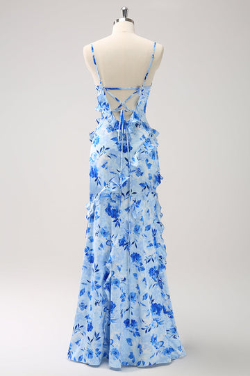 Blue Flower Sheath Spaghetti Straps Ruffled Maxi Dress with Slit
